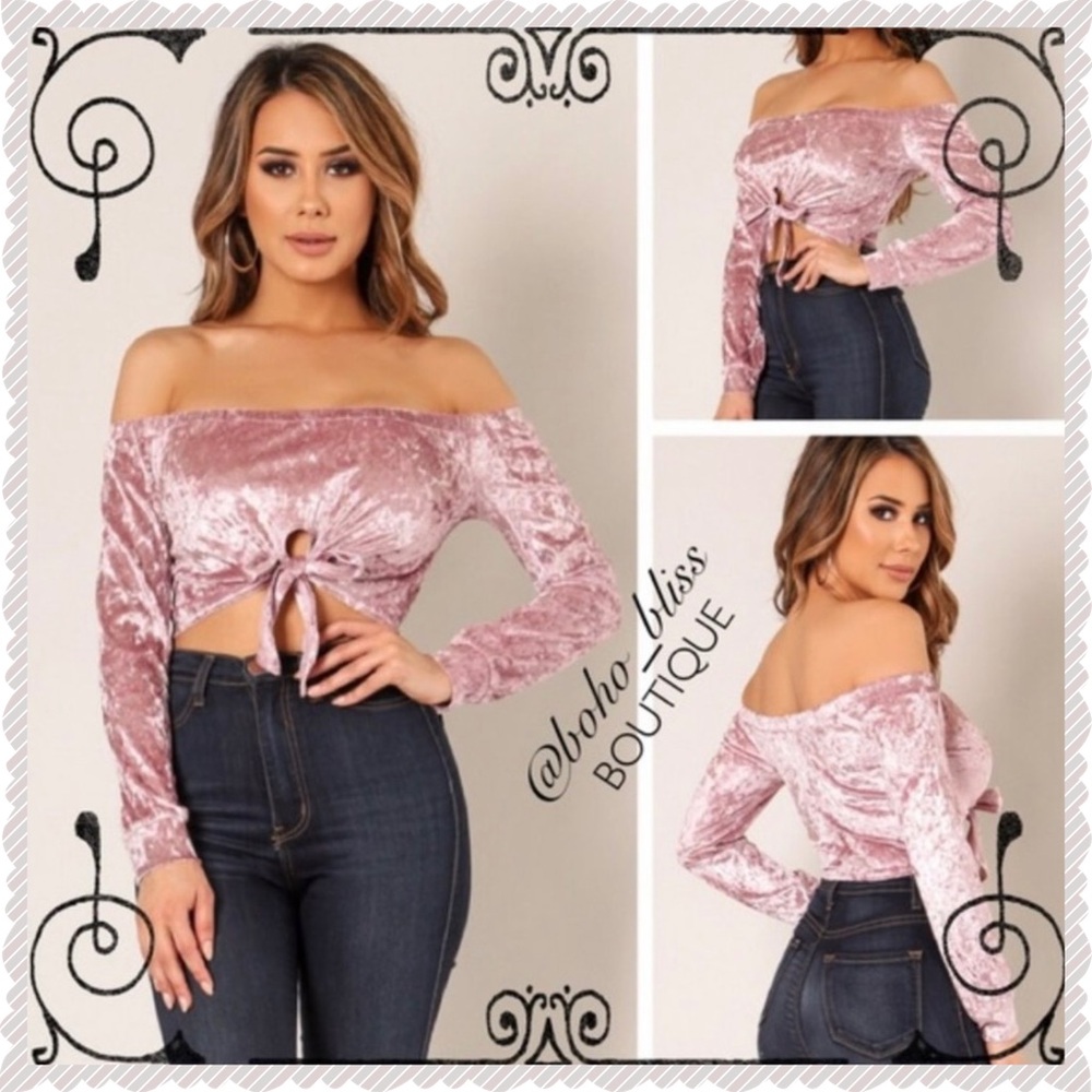 Pink Crushed Velvet Tie Front Crop Top NEW